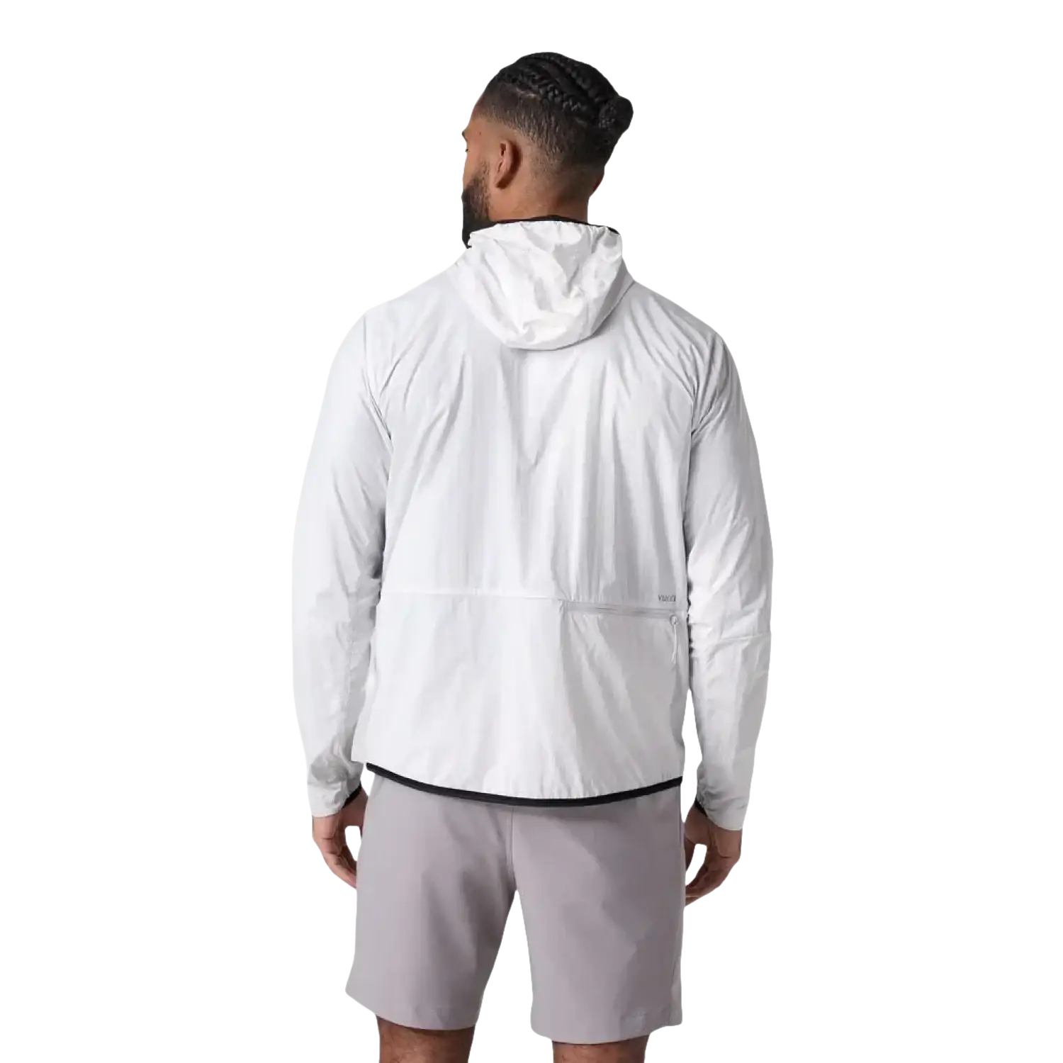 Vuori Men's Ronan Packable Jacket in frost grey, on model back view
