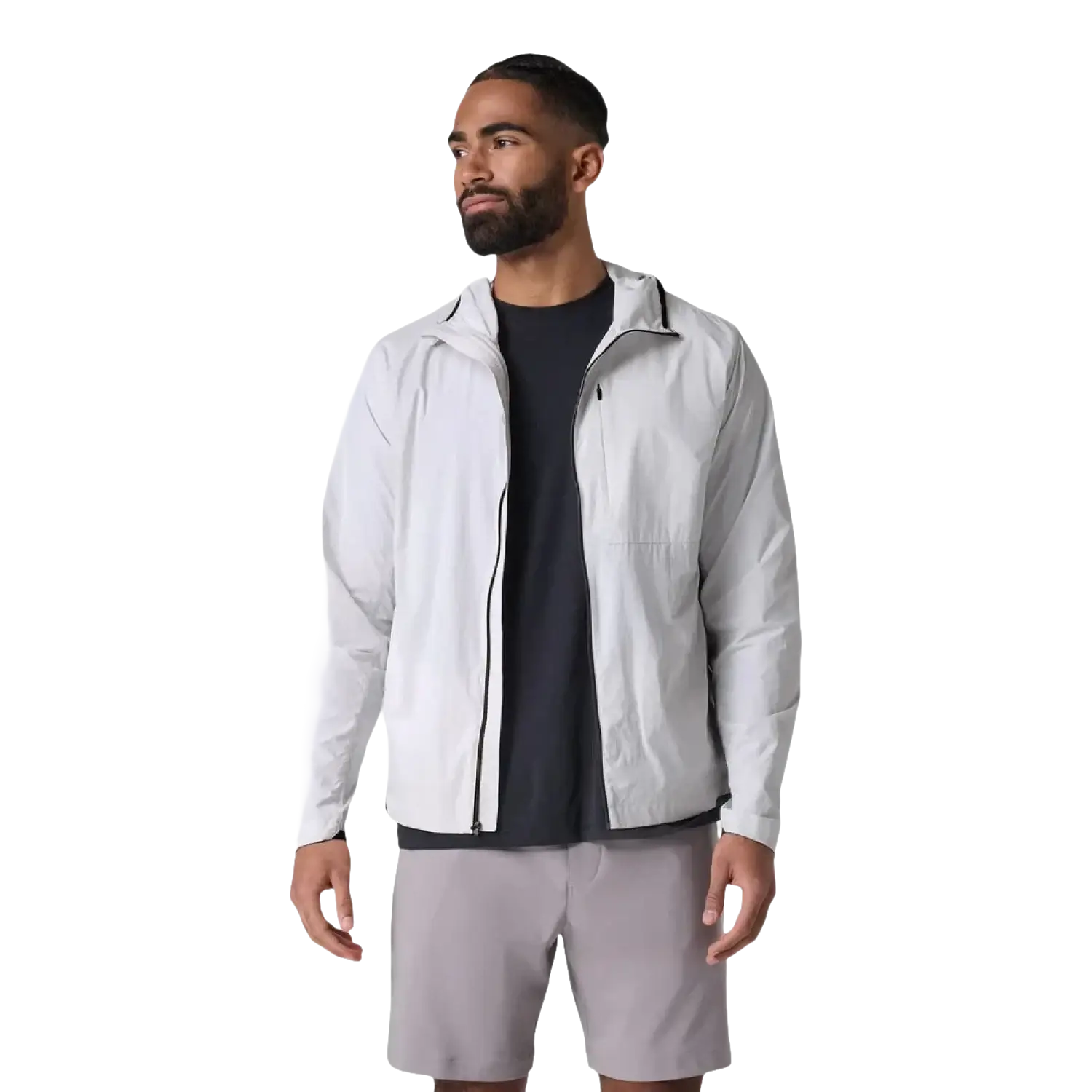 Vuori Men's Ronan Packable Jacket in frost grey, on model front view