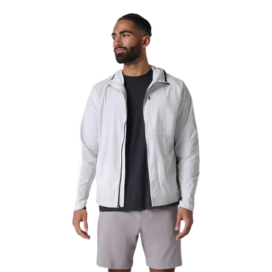 Vuori Men's Ronan Packable Jacket in frost grey, on model front view
