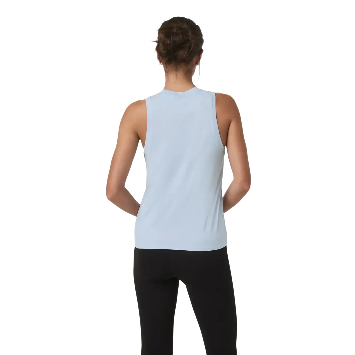 Vuori Women's Energy Top Long in soft sky heather, on model back view