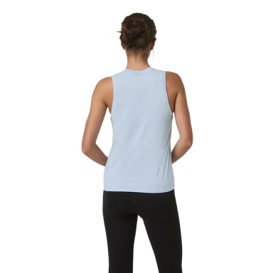 Vuori Women's Energy Top Long in soft sky heather, on model back view