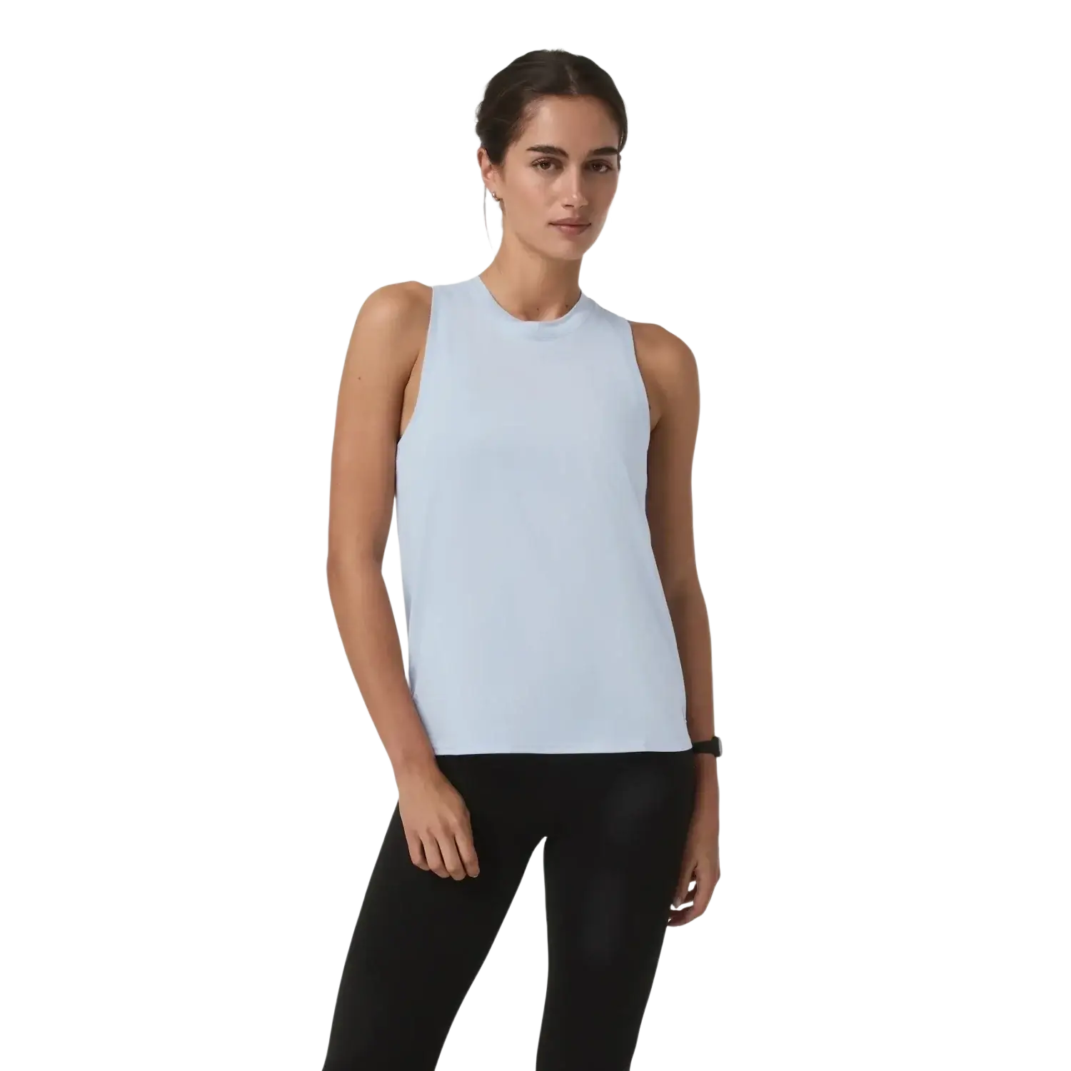 Vuori Women's Energy Top Long in soft sky heather, on model front view