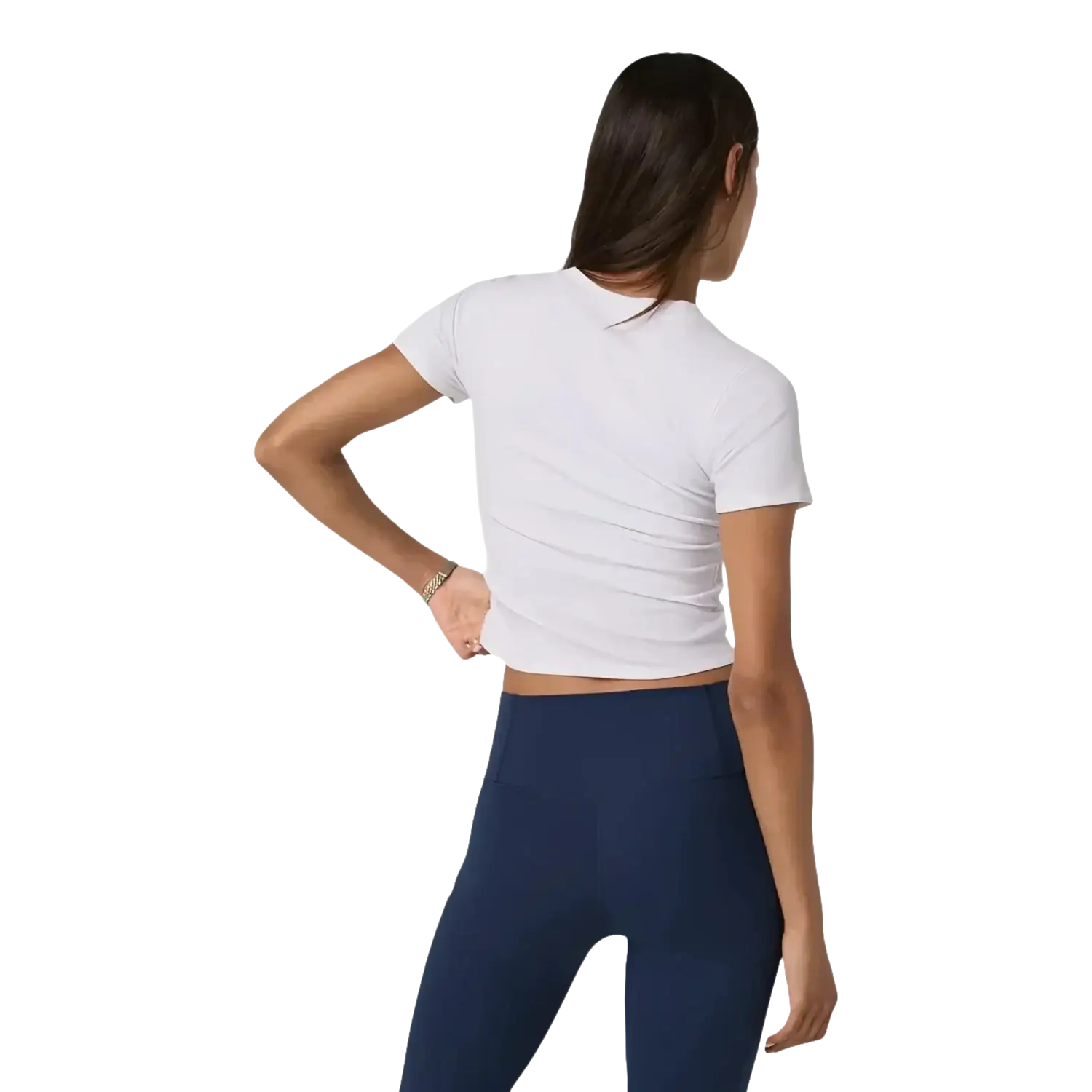 Vuori Women's Pose Fitted Tee in white, on model back