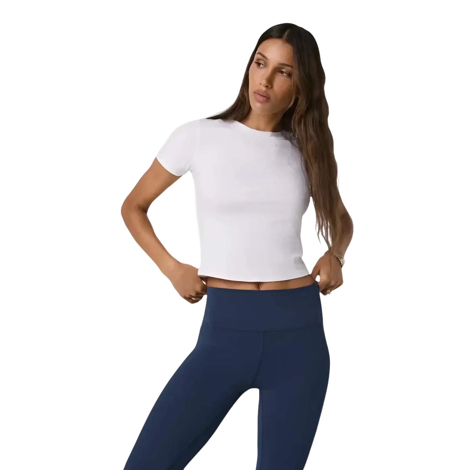 Vuori Women's Pose Fitted Tee in white, on model front 