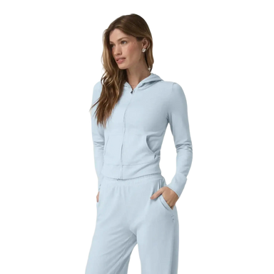 Vuori Women's Halo Mini Full Zip Hoodie in soft sky heather, on model front view