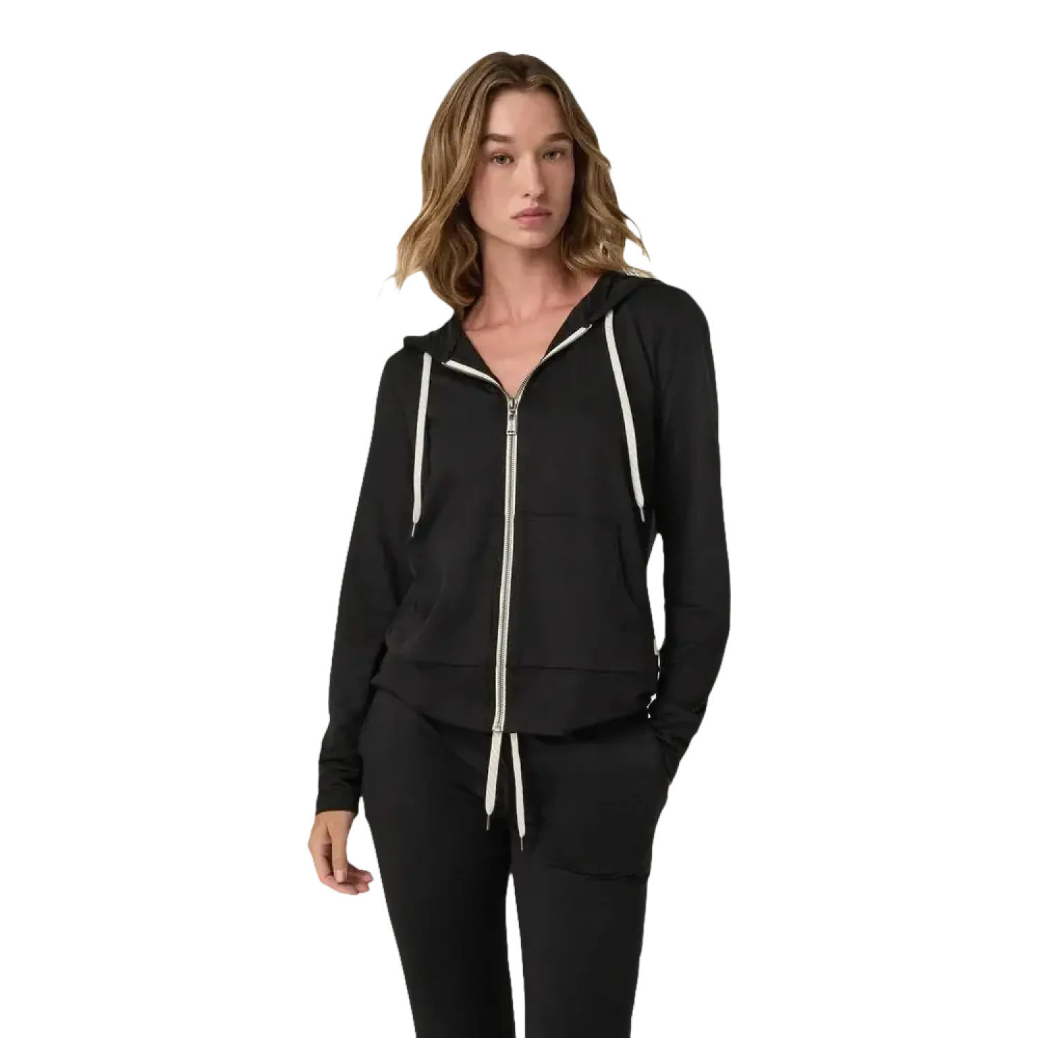 Vuori Women's Halo Performance Hoodie 2.0 in black heather, model front