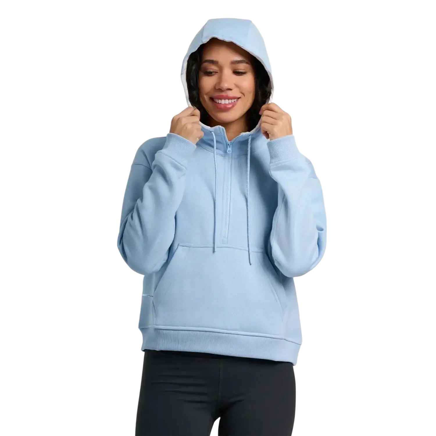 Free Fly Women's Bamboo Northcoast Fleece Anorak in clear sky, on model front view hood up