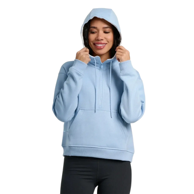 Free Fly Women's Bamboo Northcoast Fleece Anorak in clear sky, on model front view hood up