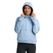 Free Fly Women's Bamboo Northcoast Fleece Anorak in clear sky, on model front view hood up