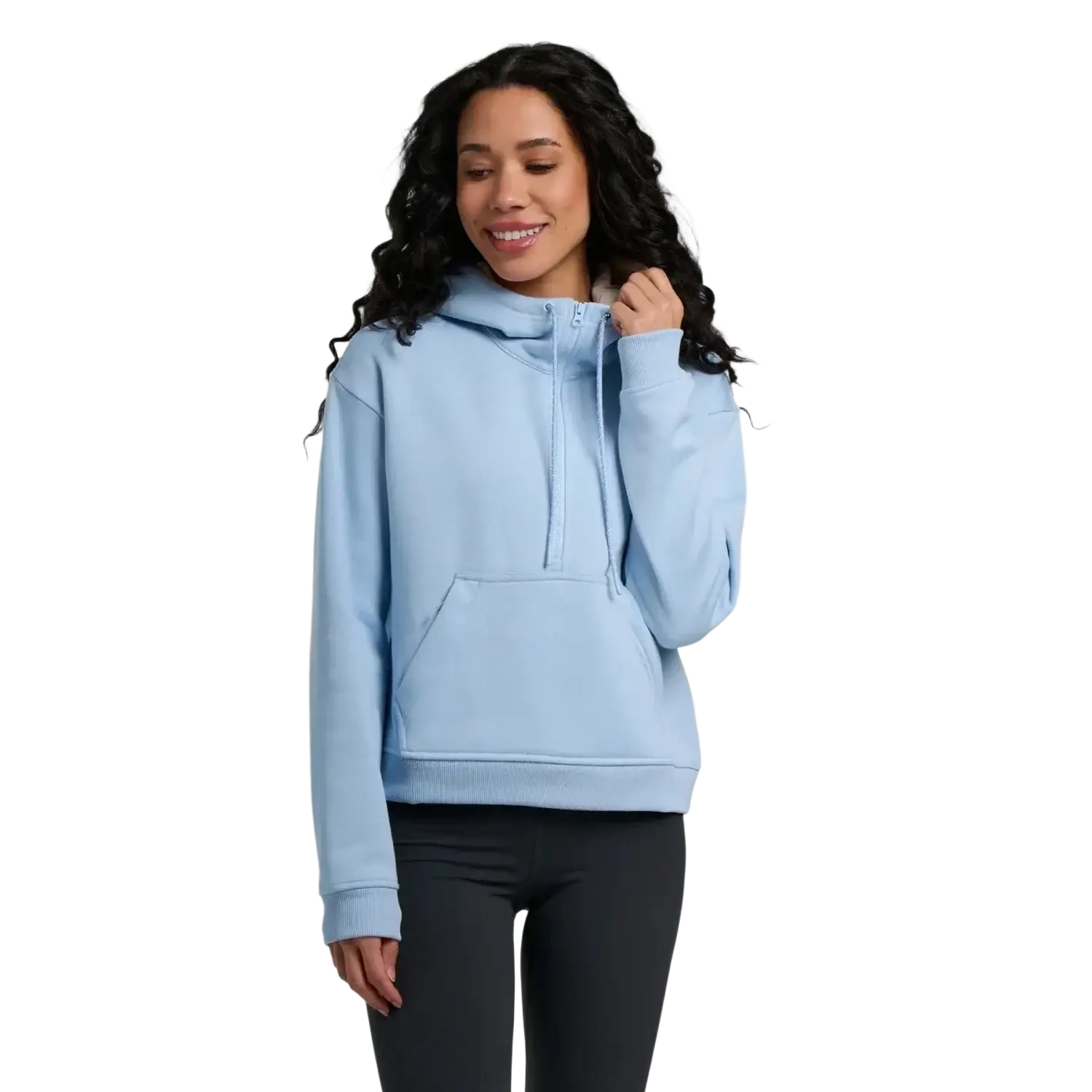Free Fly Women's Bamboo Northcoast Fleece Anorak in clear sky, on model front view
