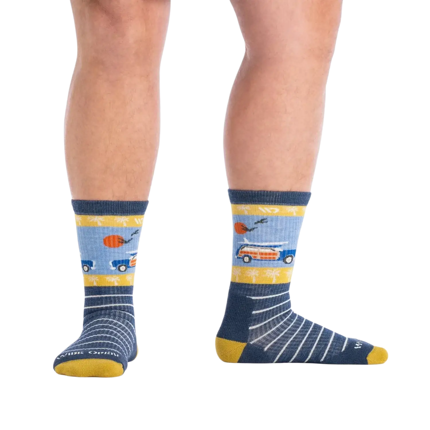 Wide Open Men's Way Back Cushioned Crew Socks in denim, model front view