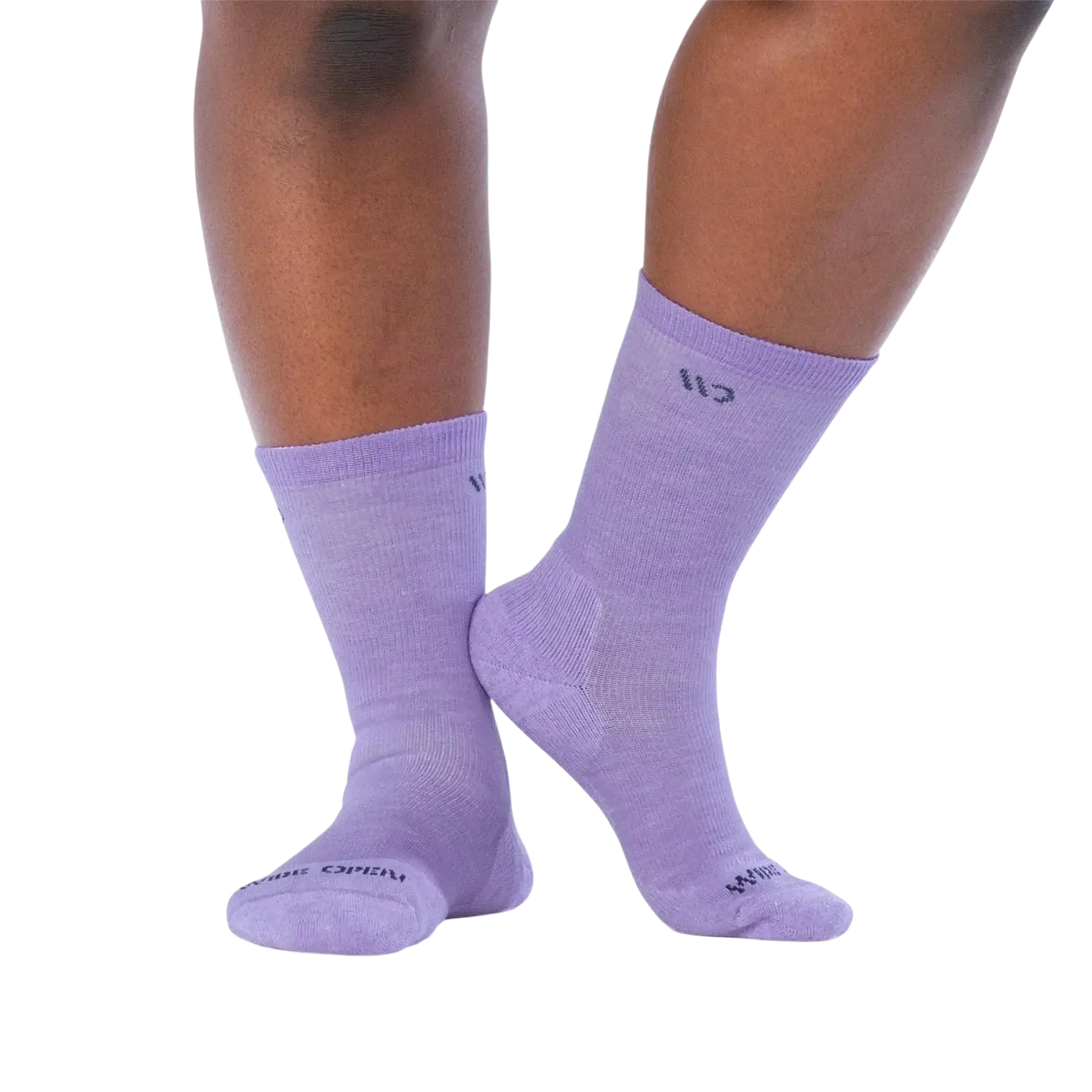 Wide Open Women's Solid Cushioned Crew Socks in lavender, on model view