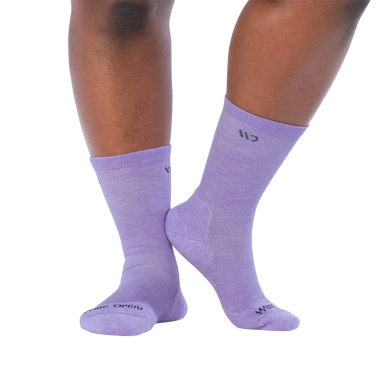 Wide Open Women's Solid Cushioned Crew Socks in lavender, on model view