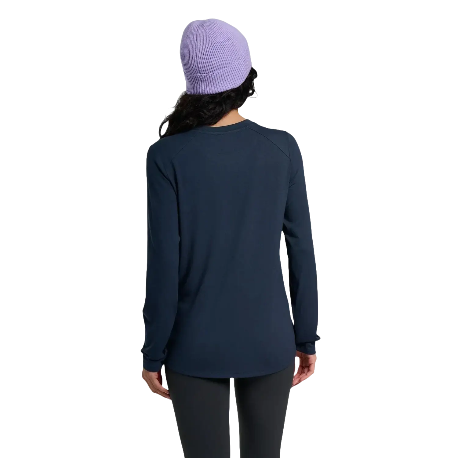 Free Fly Women's Bamboo Shade Long Sleeve II in deep navy, on model back view