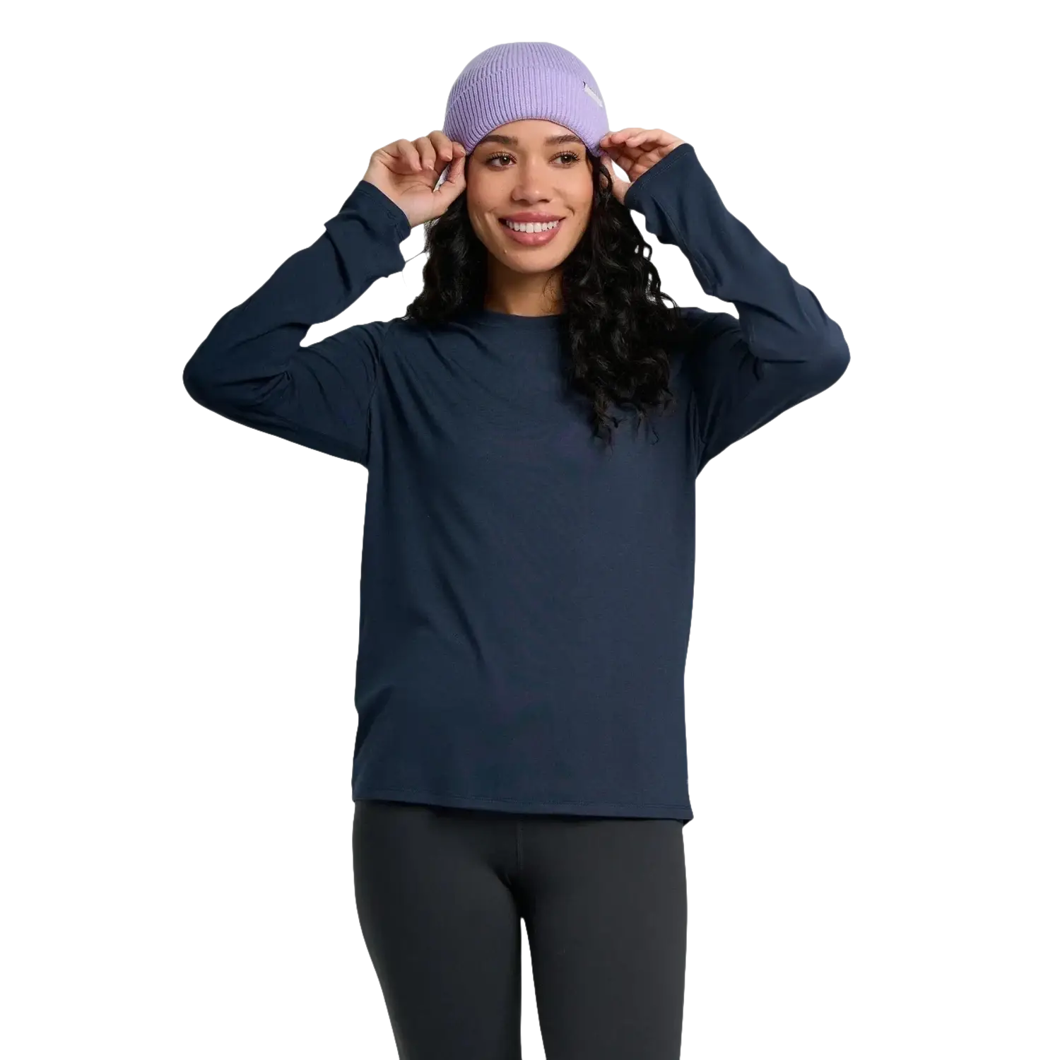 Free Fly Women's Bamboo Shade Long Sleeve II in deep navy, on model front view