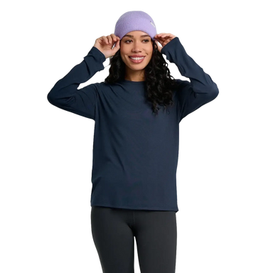 Free Fly Women's Bamboo Shade Long Sleeve II in deep navy, on model front view