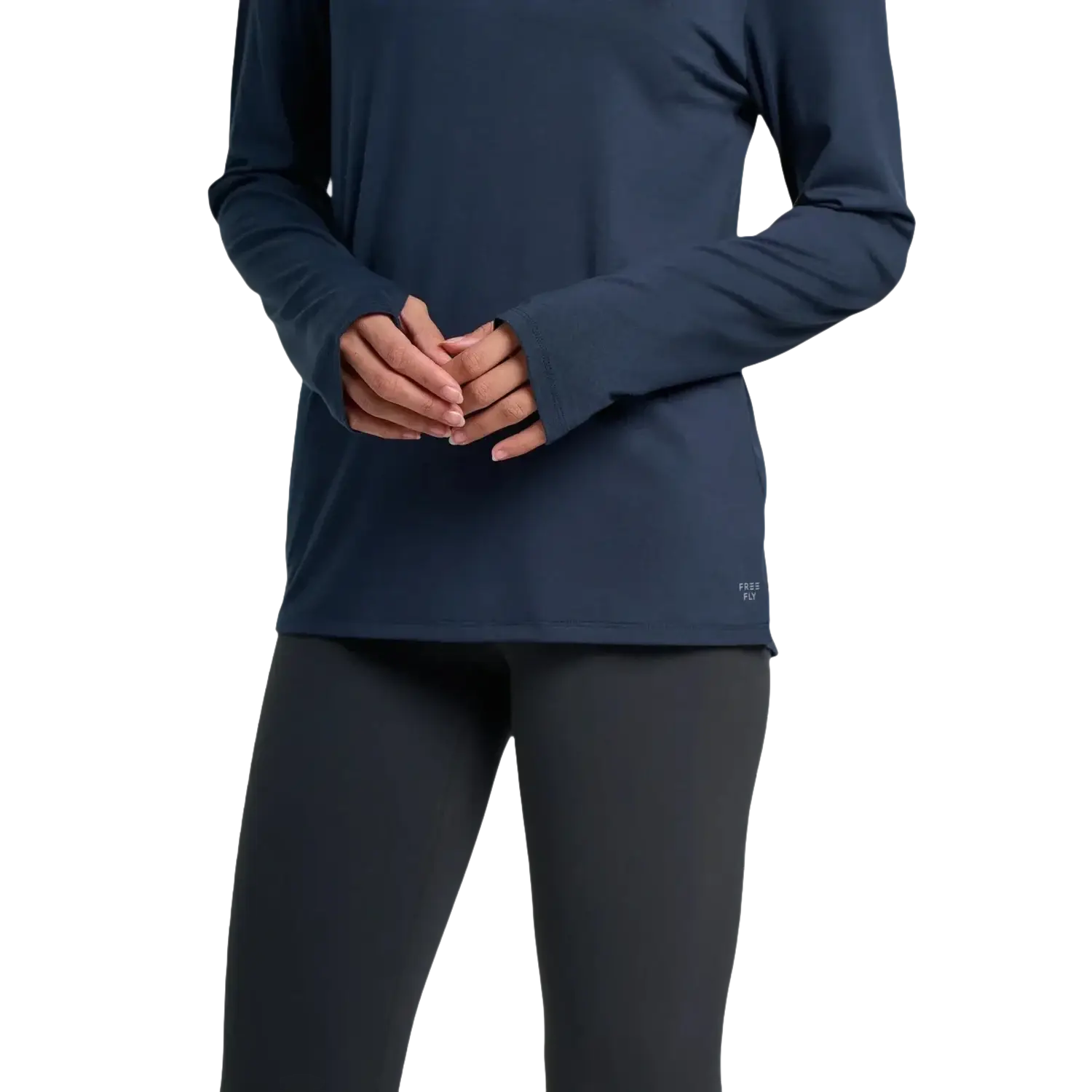 Free Fly Women's Bamboo Shade Long Sleeve II in deep navy, on model thumbhole details