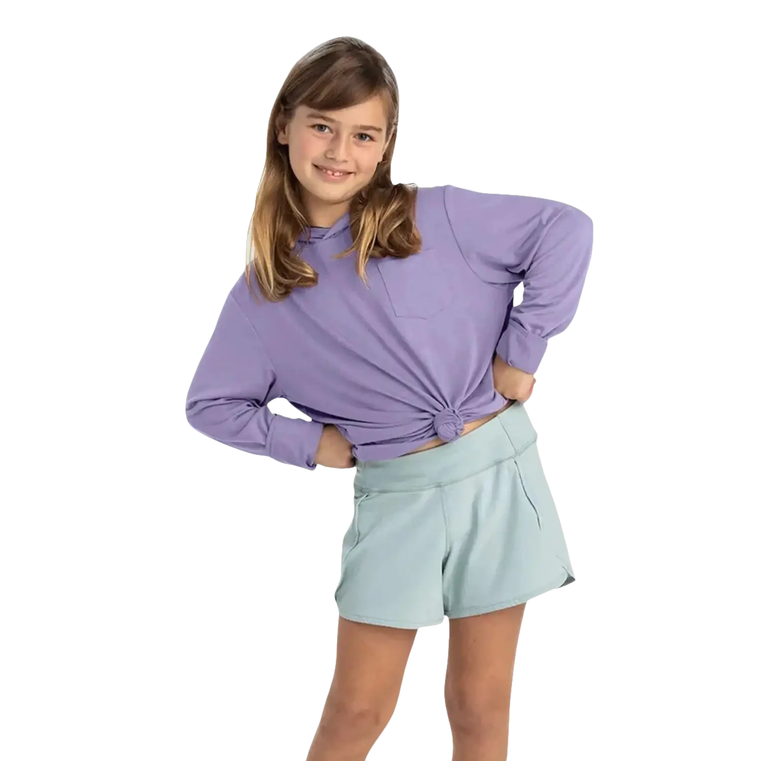 Free Fly Kid's Bamboo Shade Hoodie in bright lavender, model front view