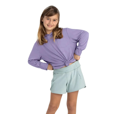 Free Fly Kid's Bamboo Shade Hoodie in bright lavender, model front view
