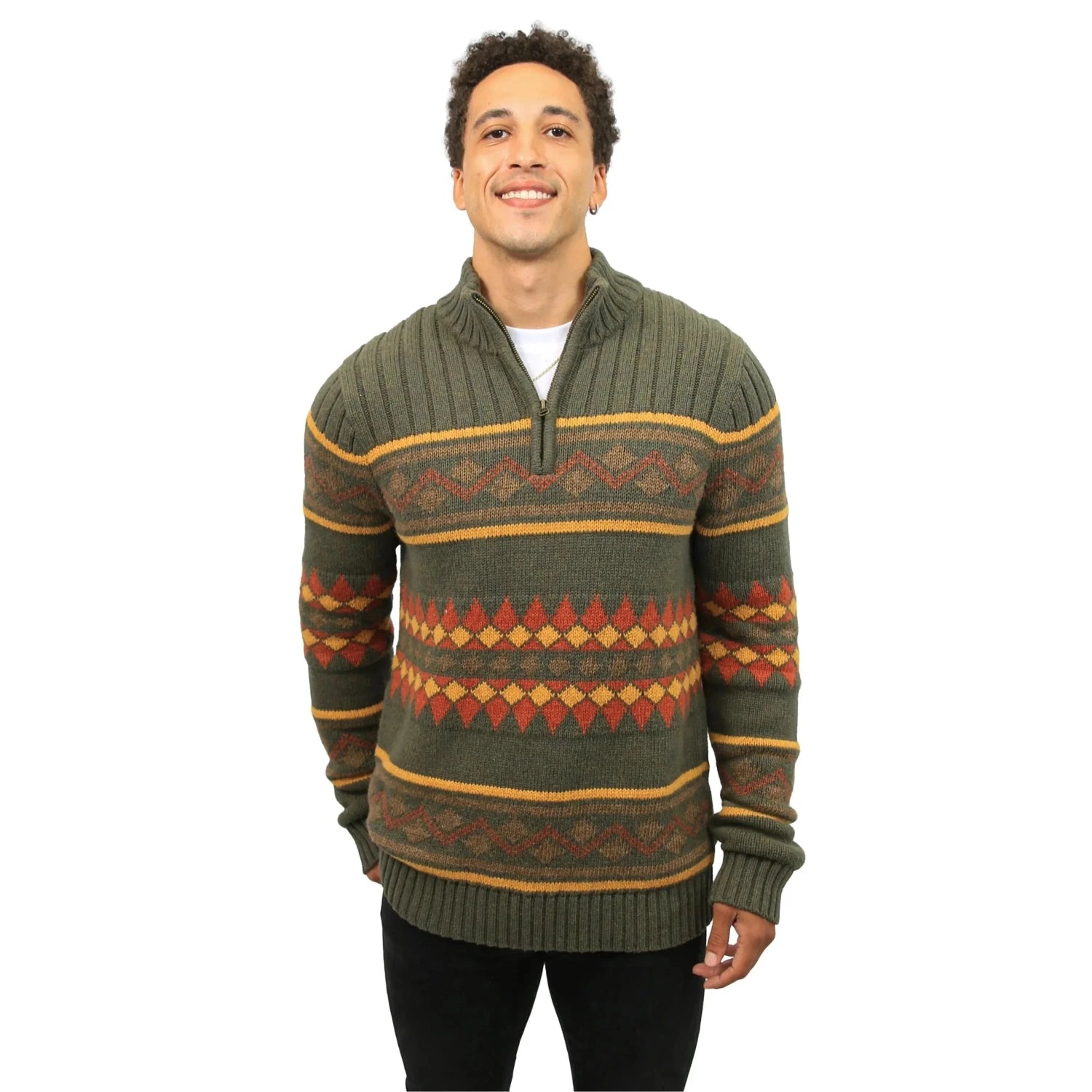 Abode Outside Adult's Unisex Chalet Sweater in forest green on man model, front view