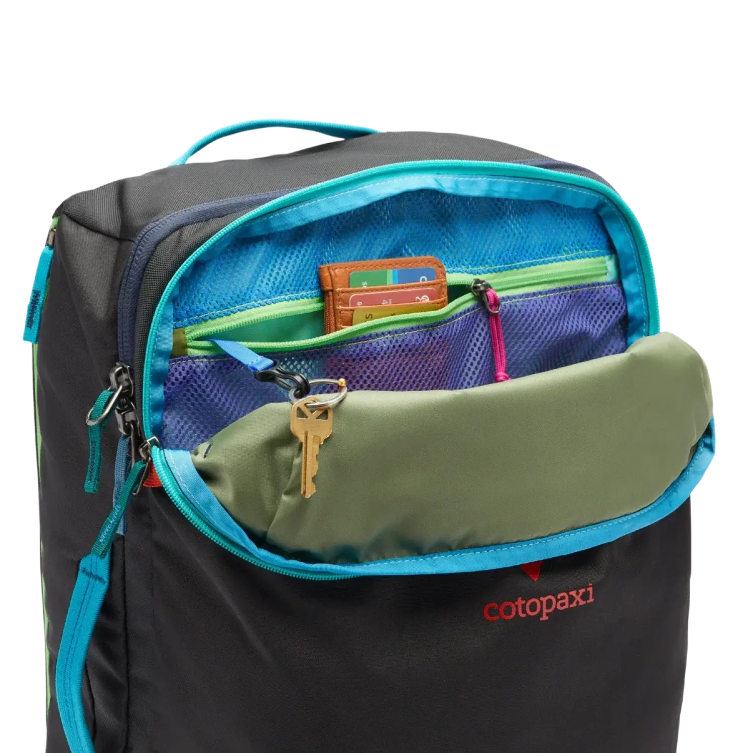Cotopaxi Allpa 35L Travel Pack in del dia dark, front pocket open view