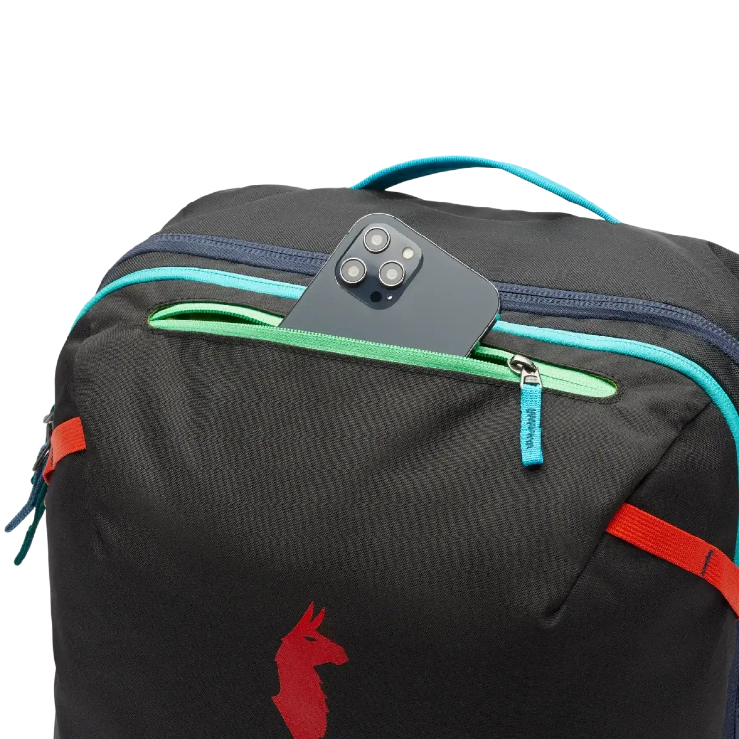 Cotopaxi Allpa 35L Travel Pack in del dia dark, top pocket view