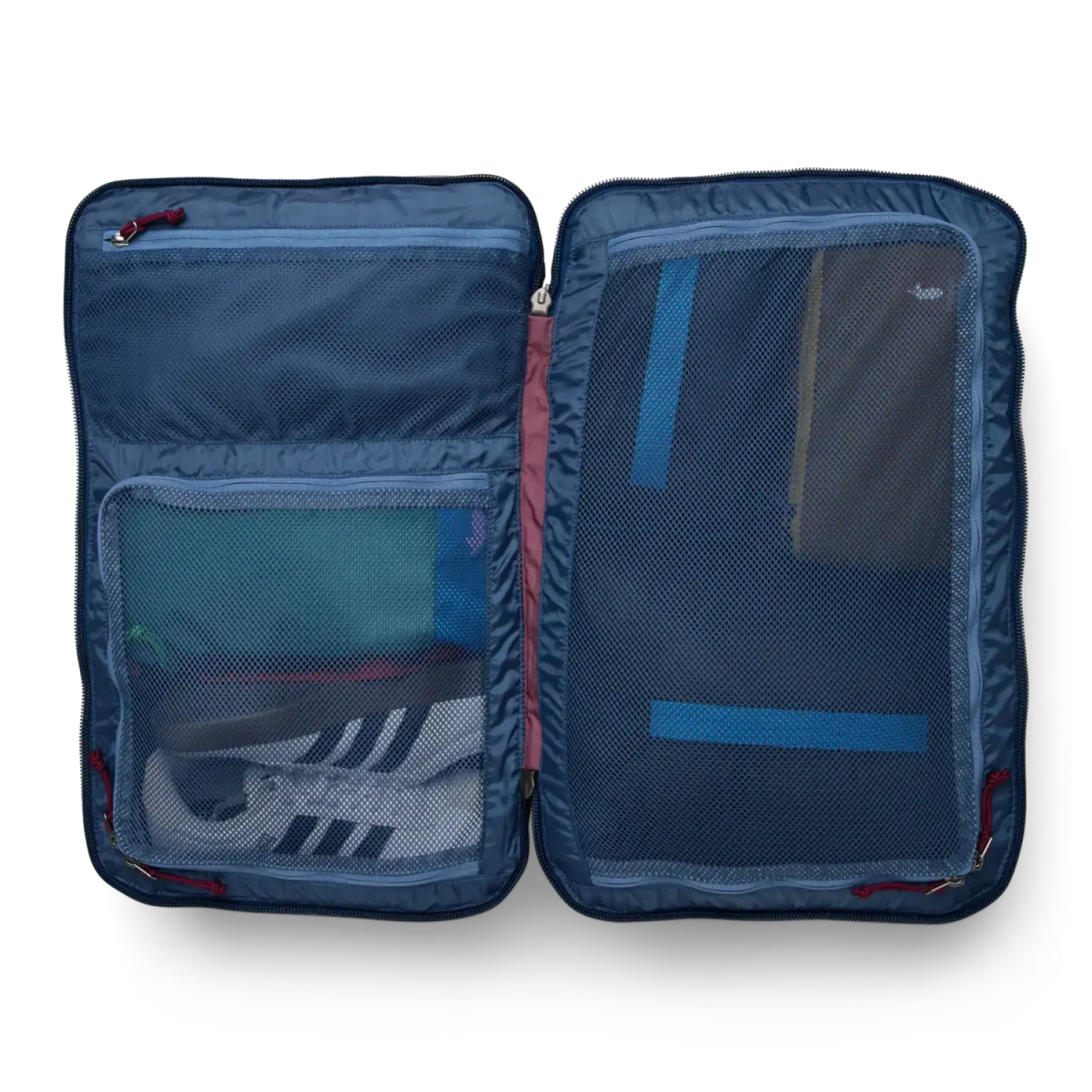 Cotopaxi Allpa 35L Travel Pack in blue spruce & abyss, unzipped & open view