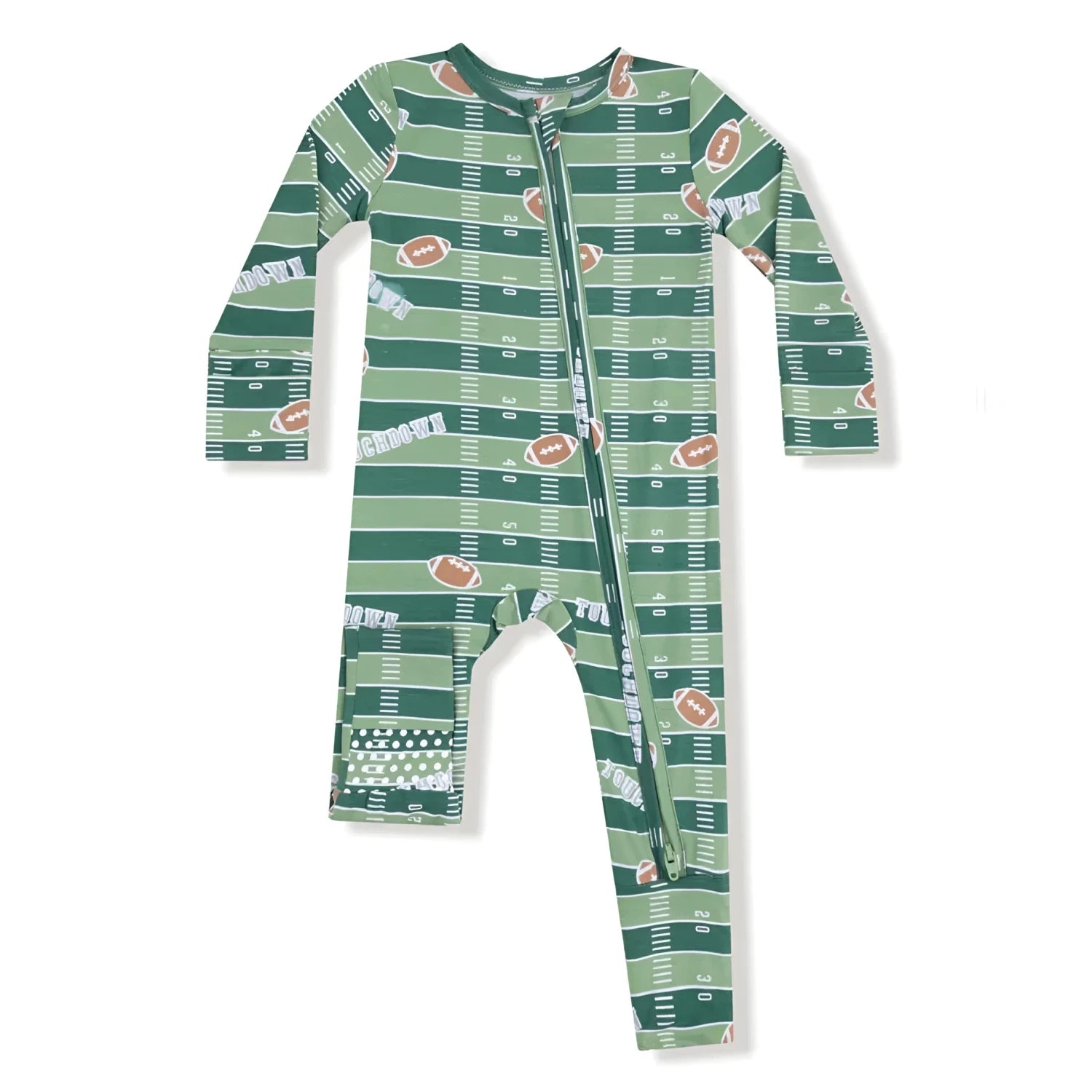 Angel Dear Baby 2-Way Zipper Convertible Romper in glow in the dark football field, front view