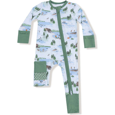 Angel Dear Baby 2-Way Zipper Convertible Romper in lake blue & lake life, flat front view