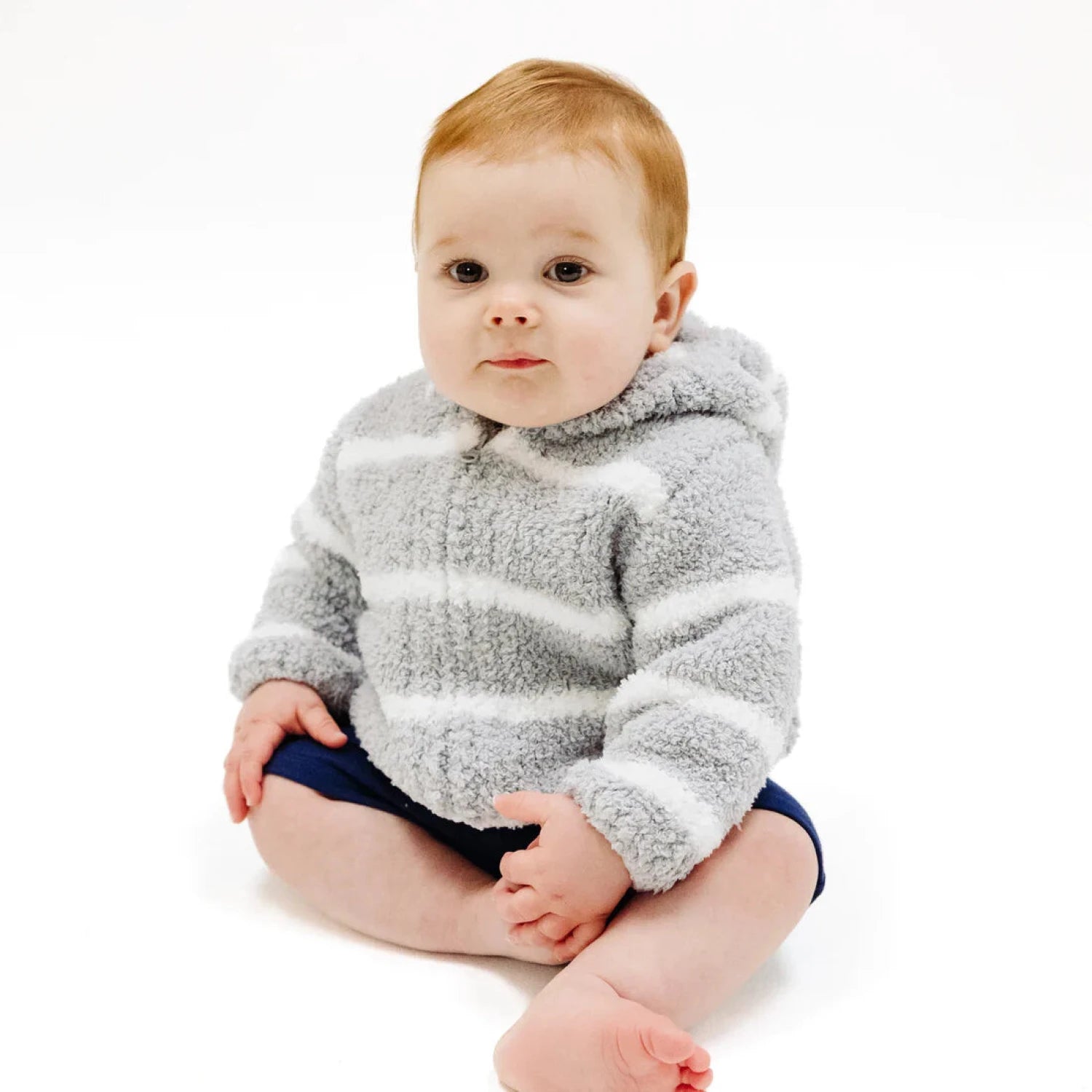 Angel Dear Baby Chenille Hooded Jacket in grey & ivory stripe, model front view