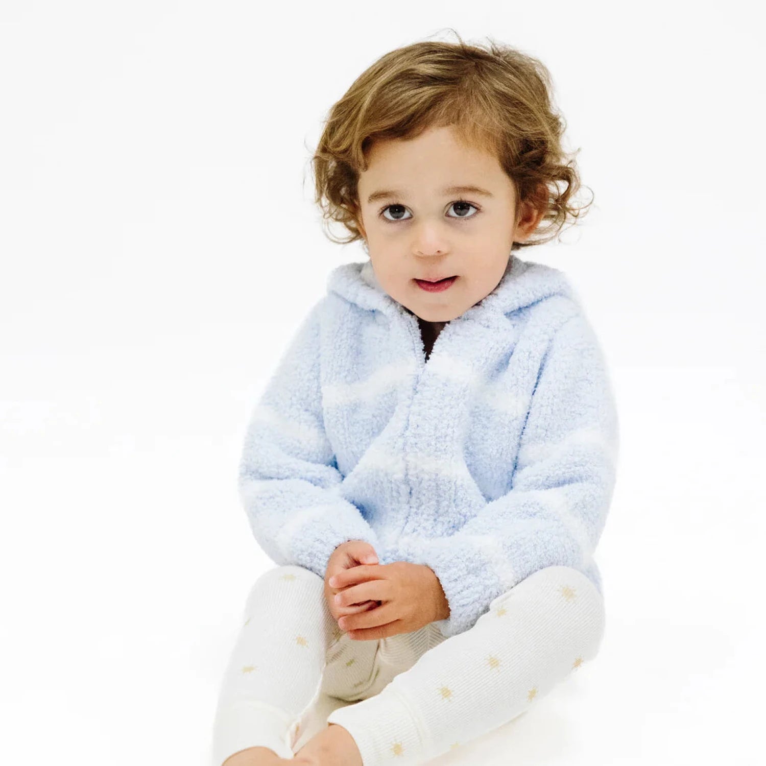 Angel Dear Baby Chenille Hooded Jacket in blue & ivory stripe, on model front view