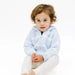 Angel Dear Baby Chenille Hooded Jacket in blue & ivory stripe, on model front view