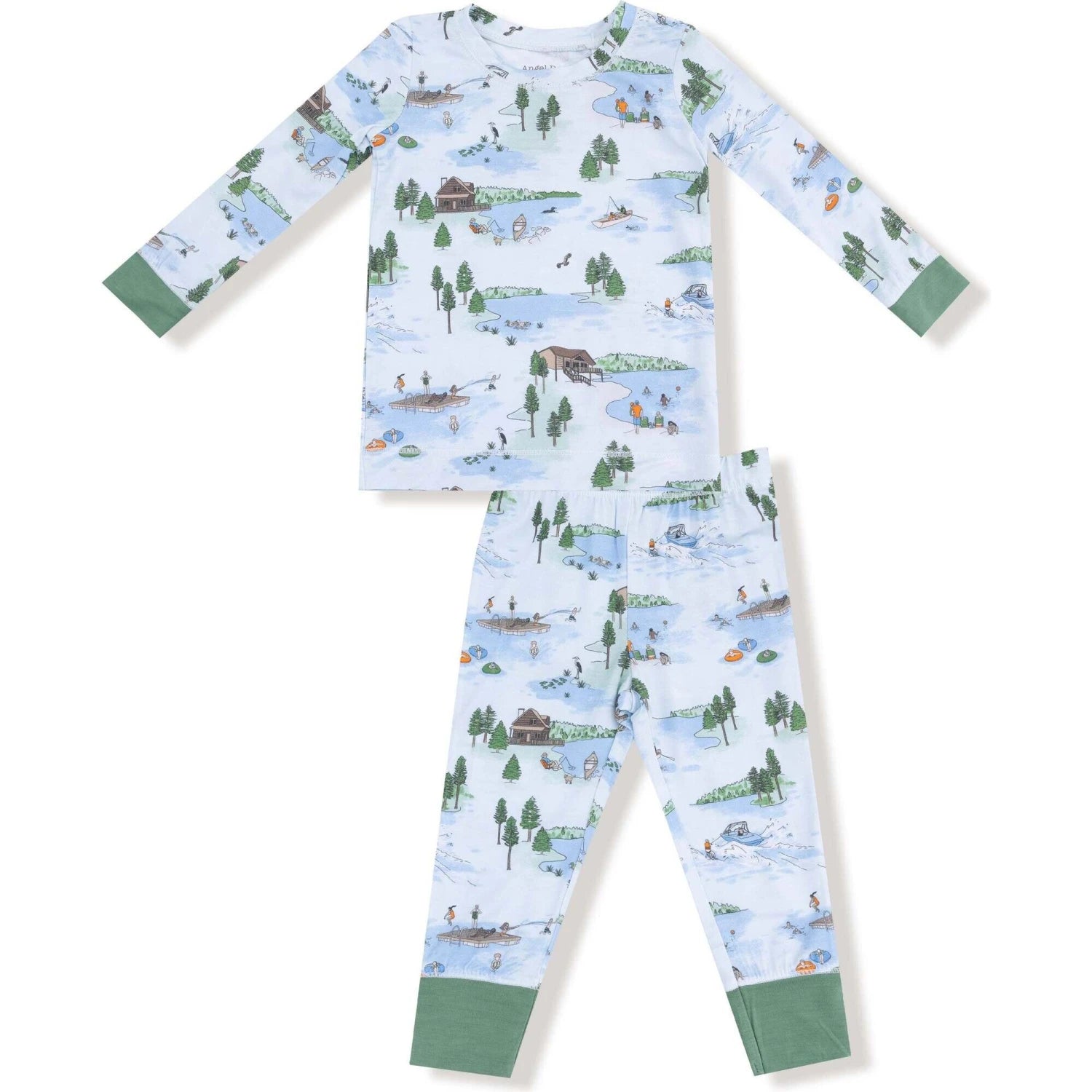 Angel Dear Baby Long Sleeve Loungewear Set in lake blue & lake life, flat front view