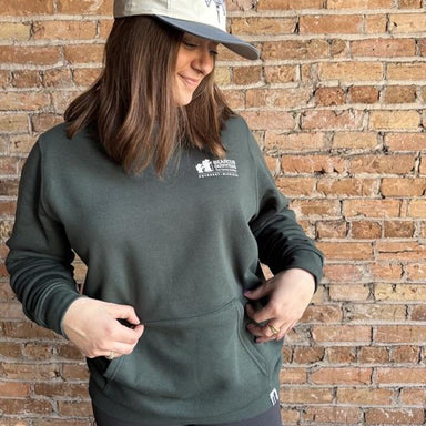 Bearcub Outfitters Unisex Logo Hoodie in Pine Grove, front view on model 