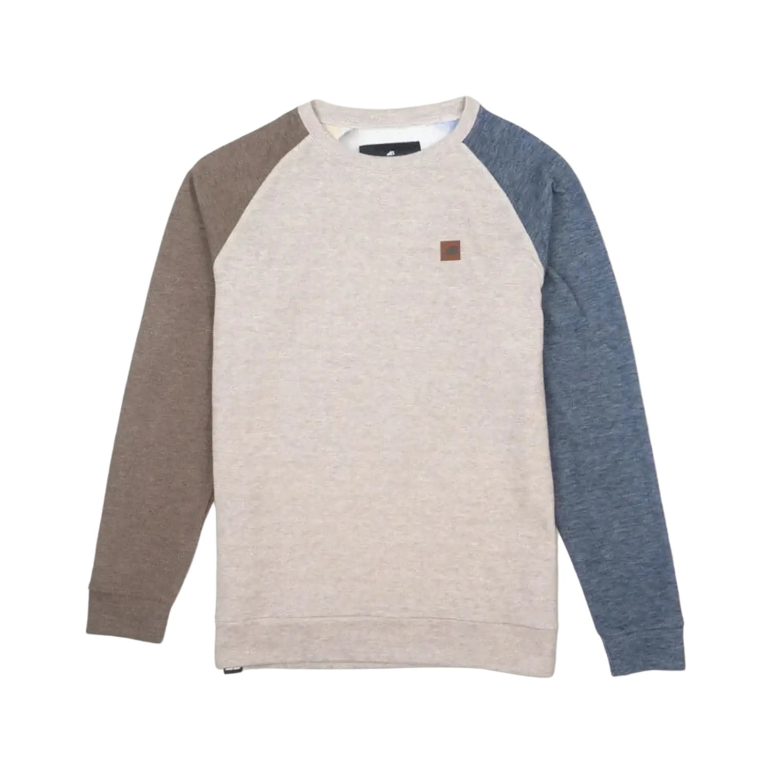 Belong Designs Men's Powell Fleece Crewneck in brown & blue, flat front view