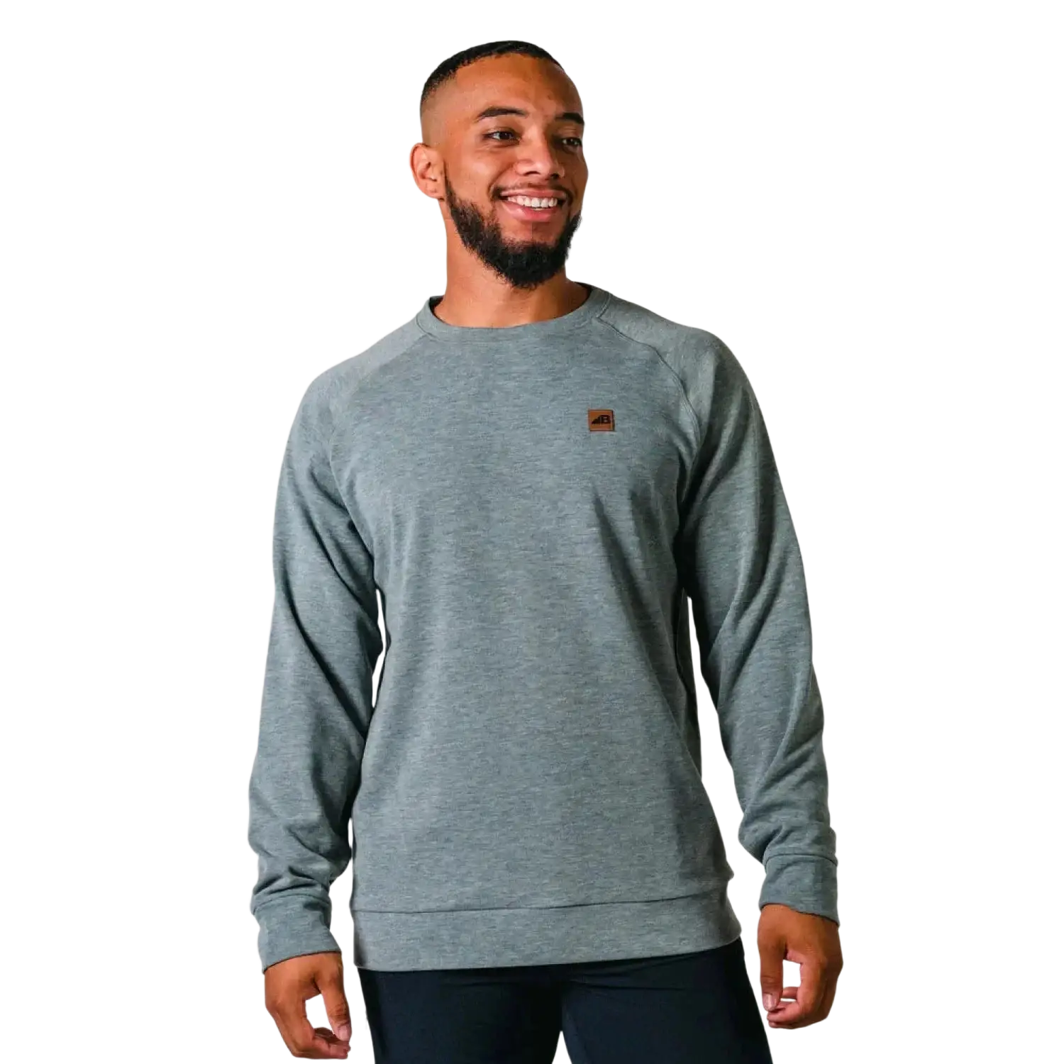 Belong Designs Men's Powell Fleece Crewneck in light pine, on model front view