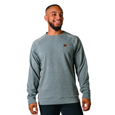 Belong Designs Men's Powell Fleece Crewneck in light pine, on model front view