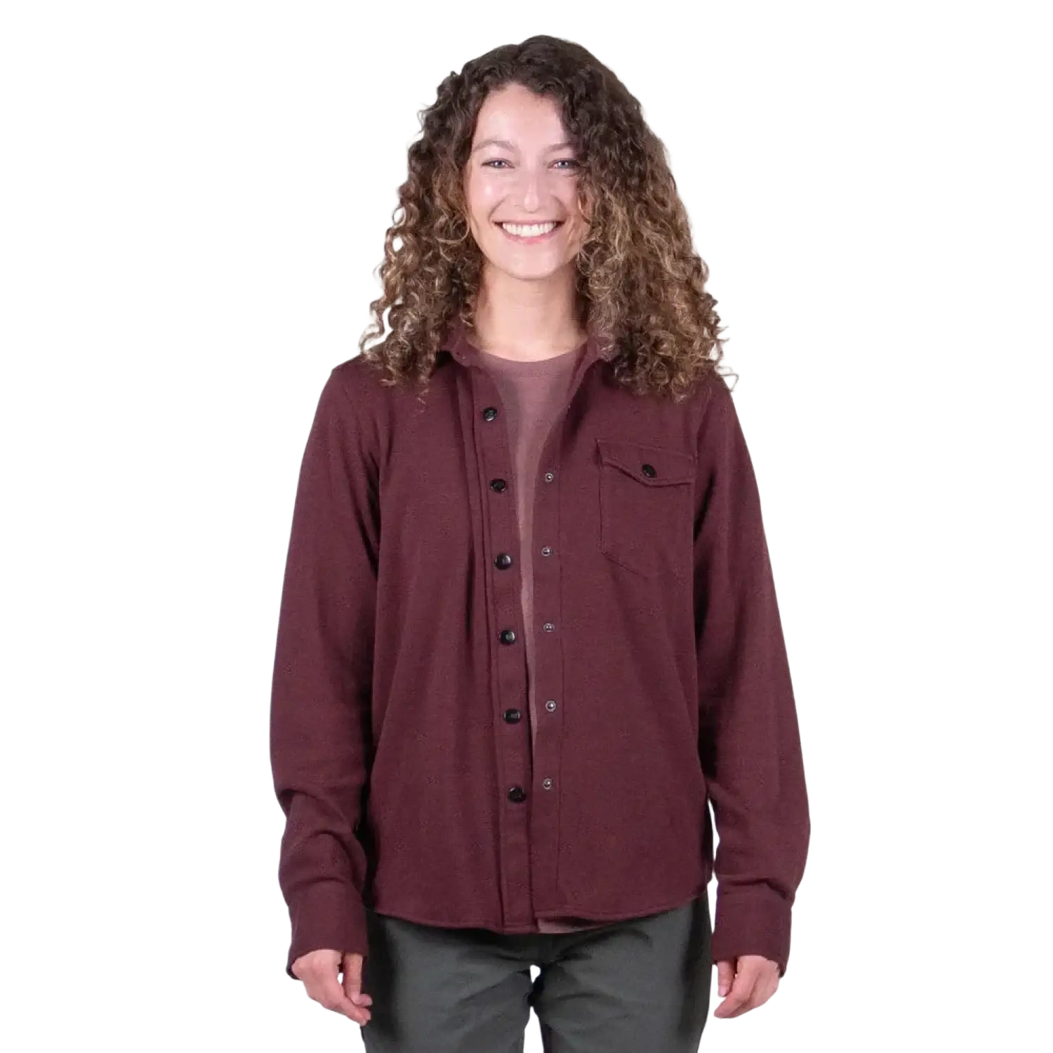 Belong Designs Women's Sherman Fleece Button Up in burgundy, on model front view