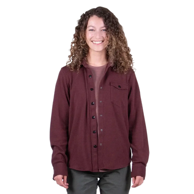 Belong Designs Women's Sherman Fleece Button Up in burgundy, on model front view