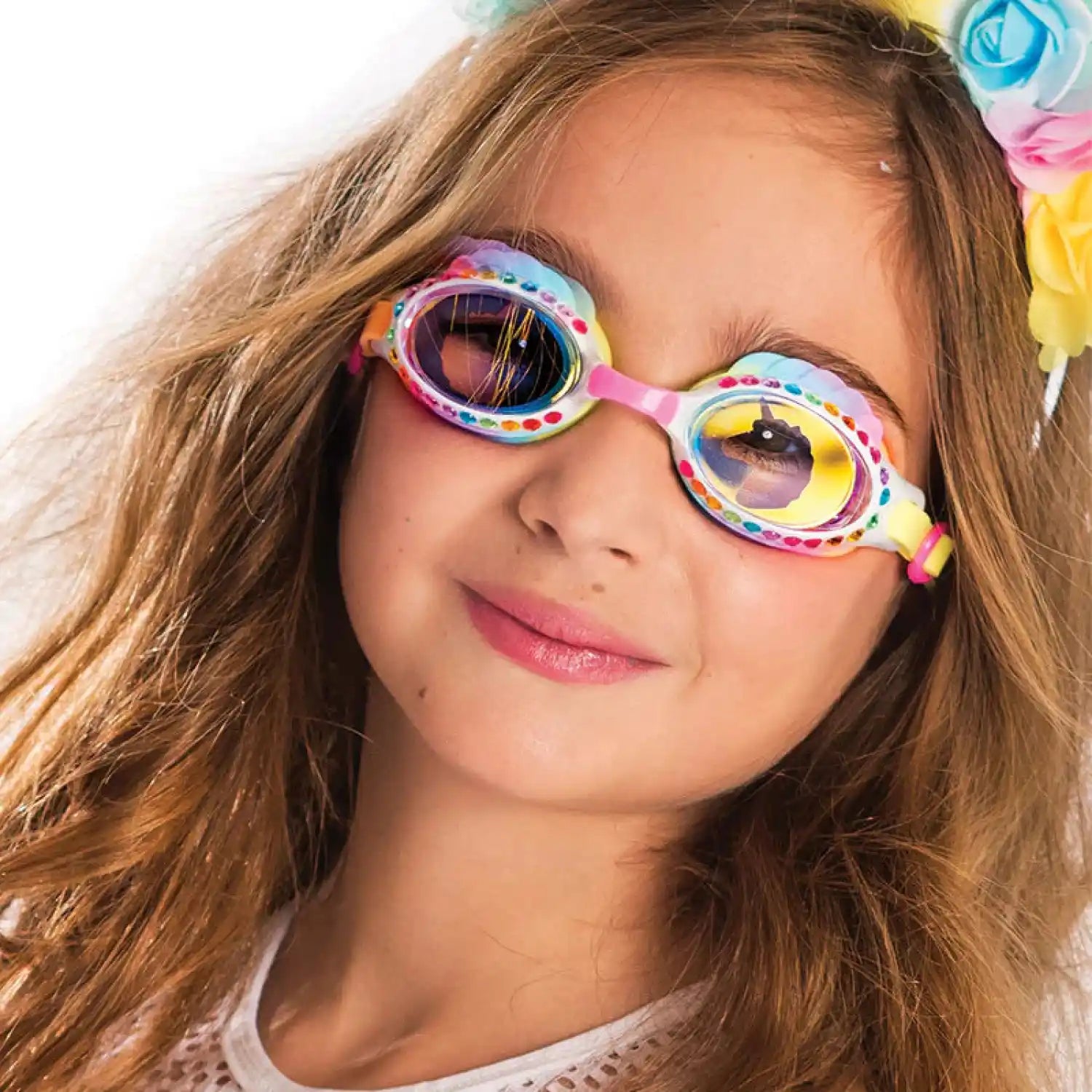 Bling2o Kid's Eunice the Unicorn Swim Goggles in Rainbow Unicorn, front view on model