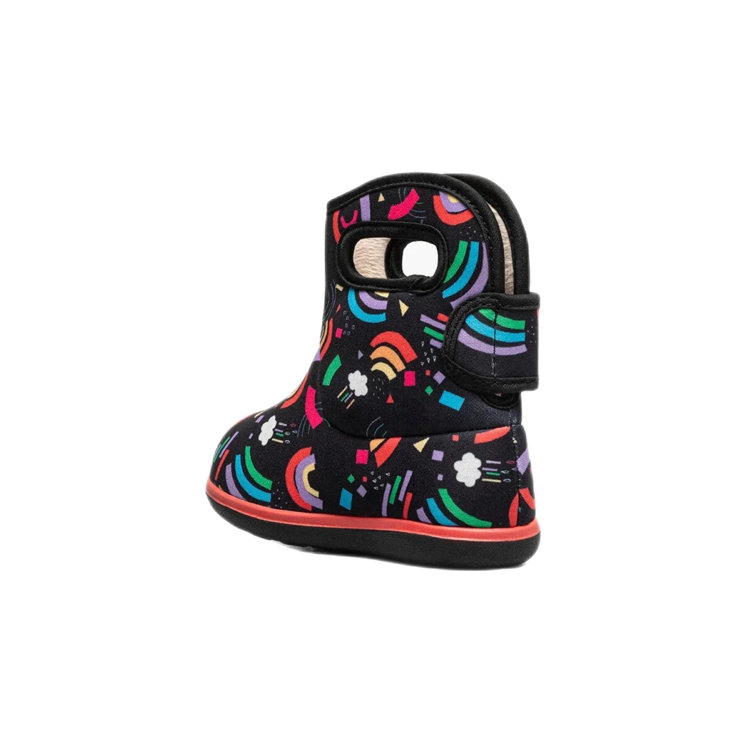 Baby BOGS II Rainbow Fun Boots in black multi, back side angle