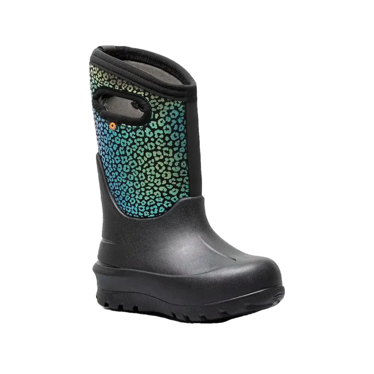 BOGS K's Neo Classic Rainbow Leopard, Black Multi, front and side view 