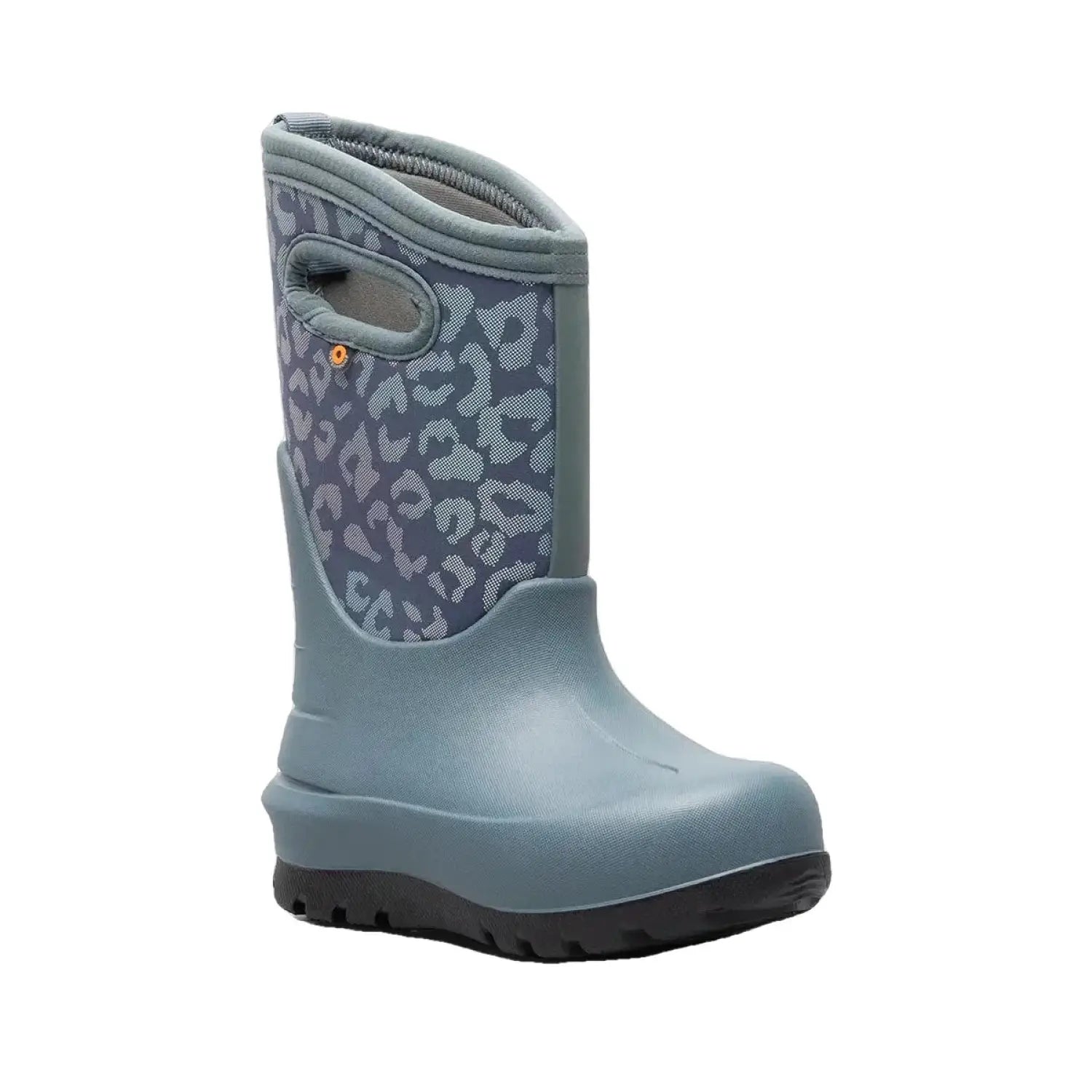BOGS K's Neo Classic Metallic Leopard, Misty Grey, front and side view 