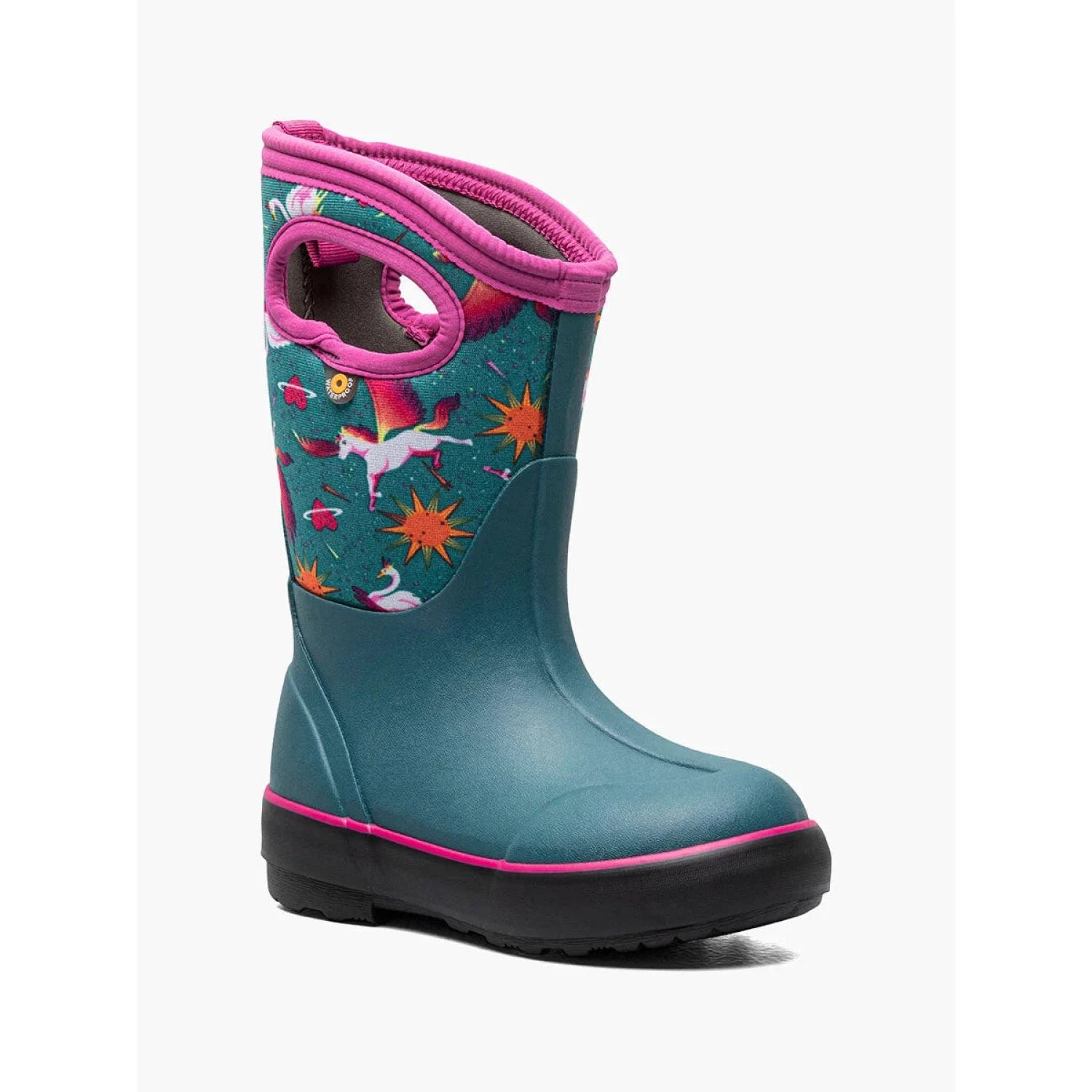 BOGS Kid's Classic II Space Pegasus shown in the Teal Multi color option. Angle view.