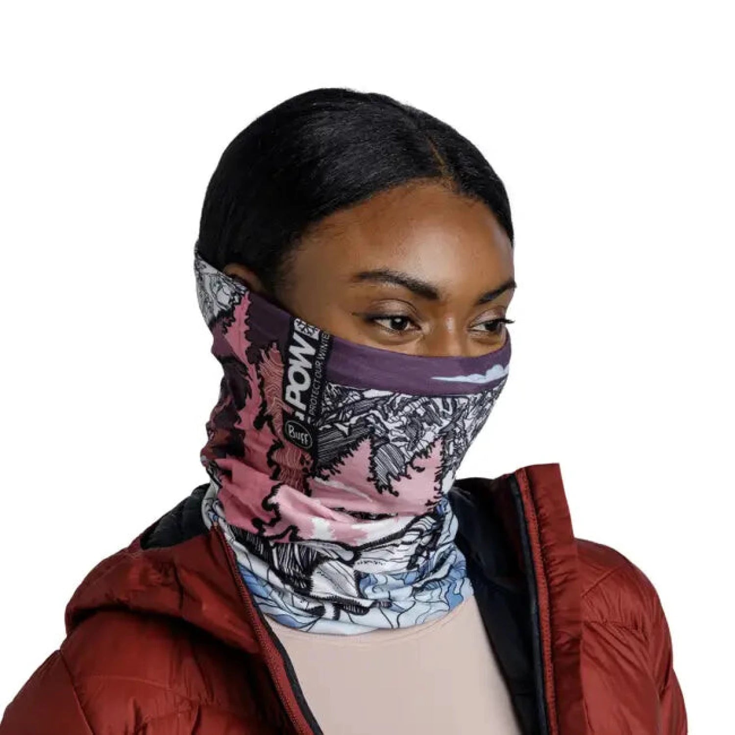 BUFF Original Ecostretch Neck Gaiter in POW Ustir Multi, on model pulled up over mouth & nose