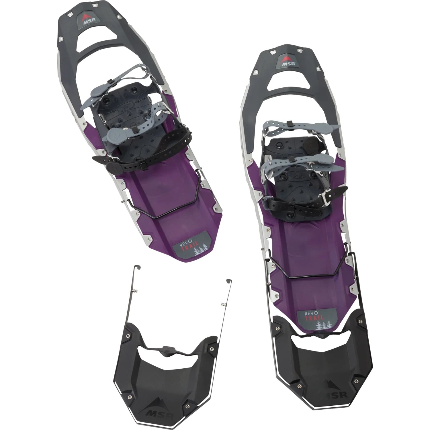 cascade designs msr revo showshoe tails in black attached to purple snowshoes