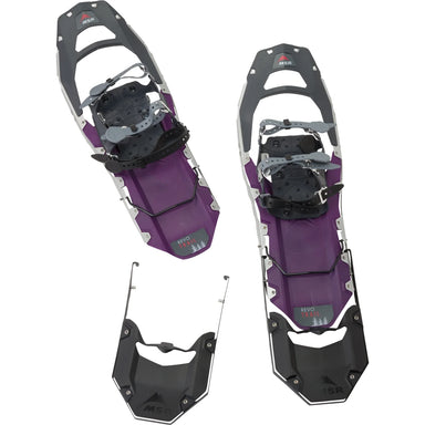 cascade designs msr revo showshoe tails in black attached to purple snowshoes