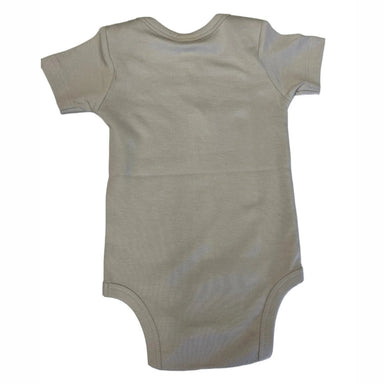 Colored Organics Baby Bearcub Logo Short Sleeve Bodysuit in stone grey with petoskey stone logo flat back