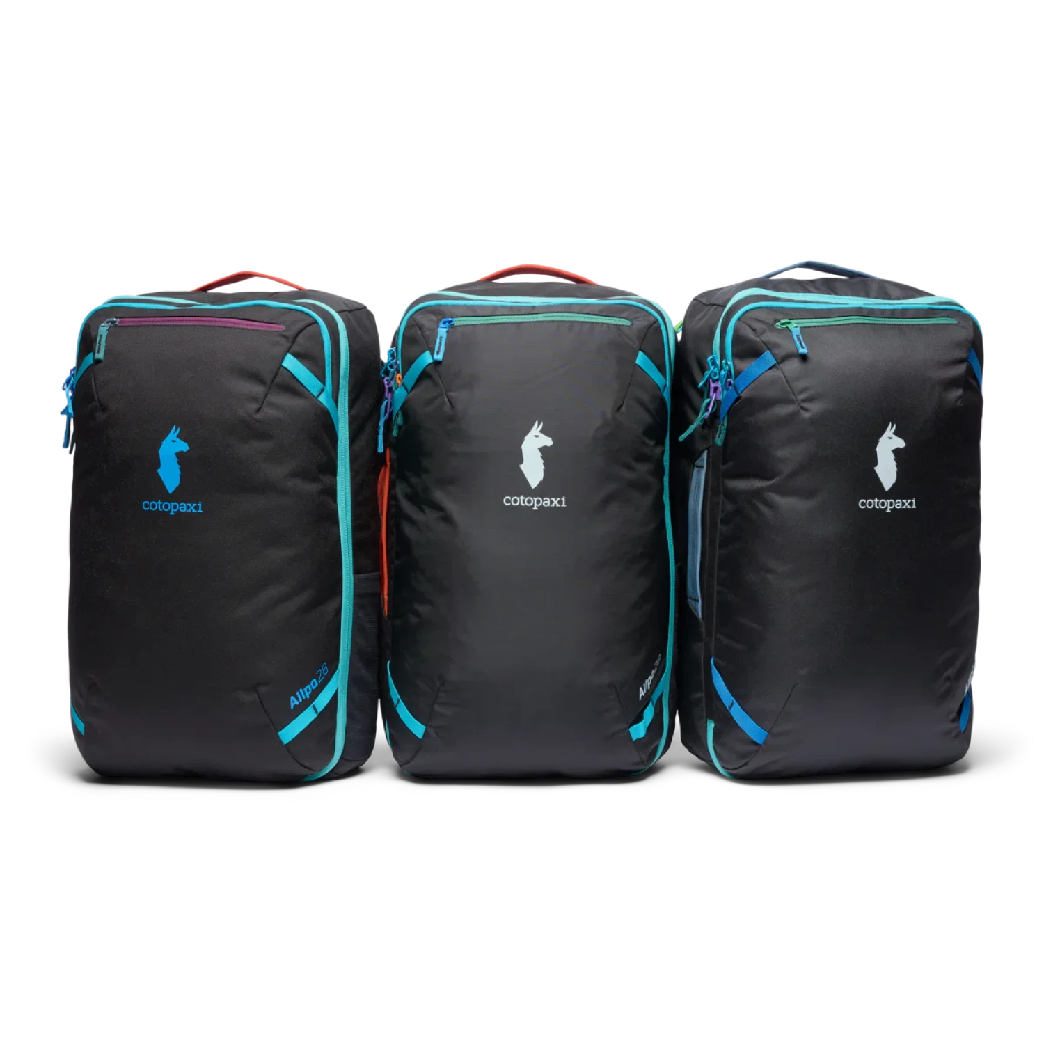 Cotopaxi Allpa 28L Travel Pack in del dia dark, front view 3 different colors