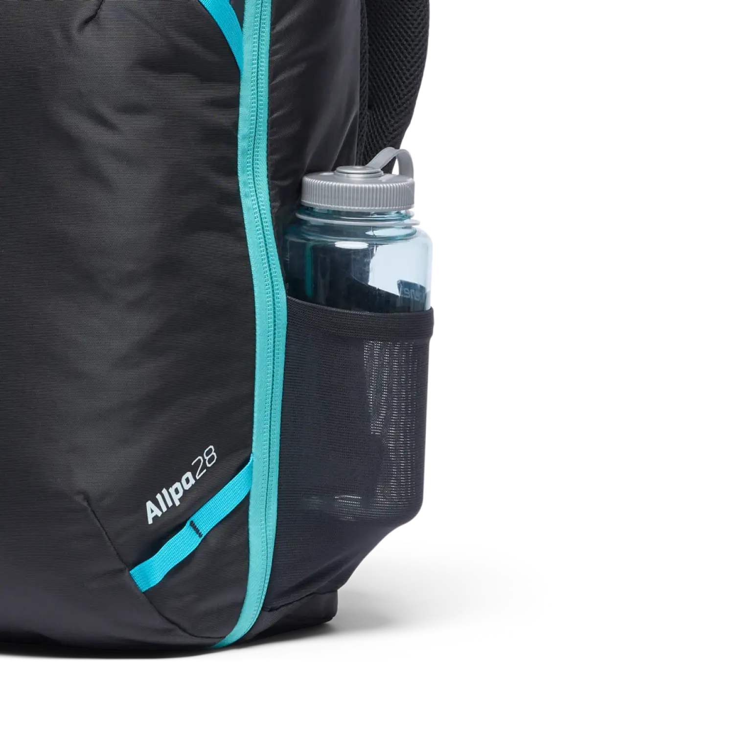 Cotopaxi Allpa 28L Travel Pack in del dia dark, water bottle pocket view
